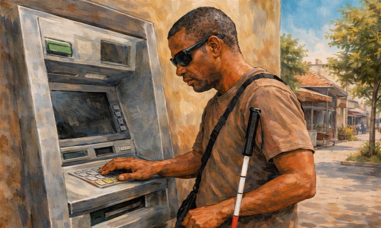 AI-generated image of a visually impaired man attempting to operate an ATM independently, highlighting the challenges many blind customers face due to the lack of accessible banking machines in Nigeria.